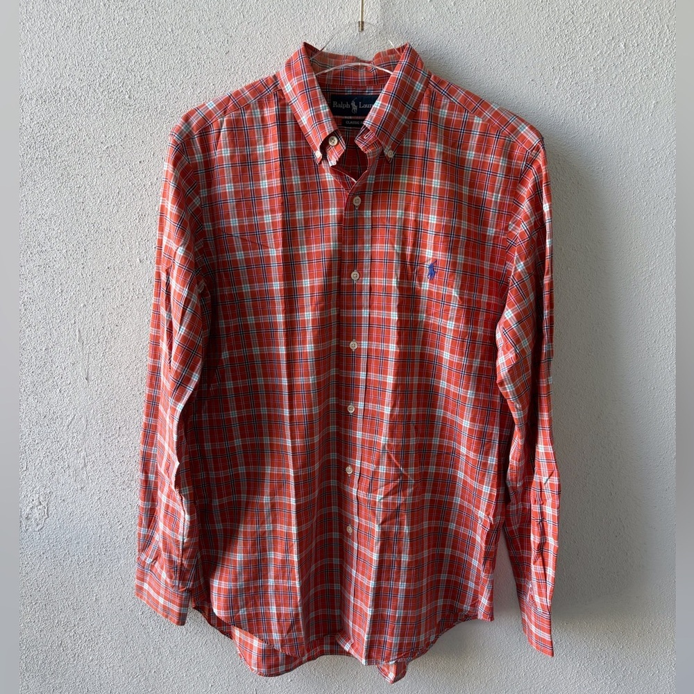 Ralph Lauren Long Sleeve Button Down‎ Shirt Men M Navy Deep Orange Casual Preppy